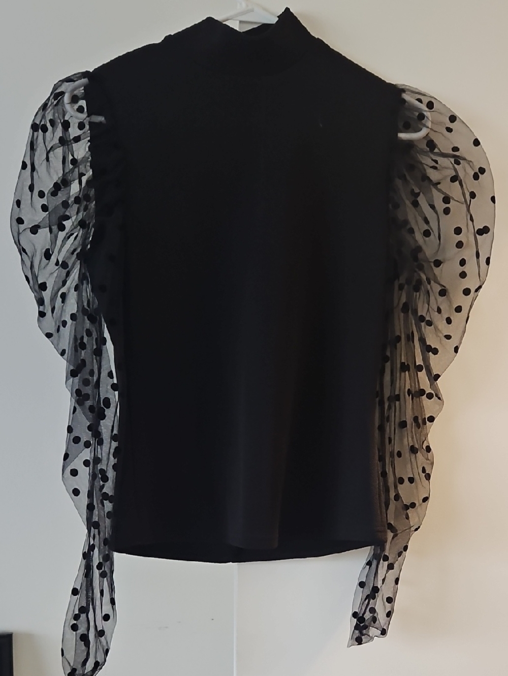 SHEIN Black Polka Dot Puff Sleeve Mock Neck Top